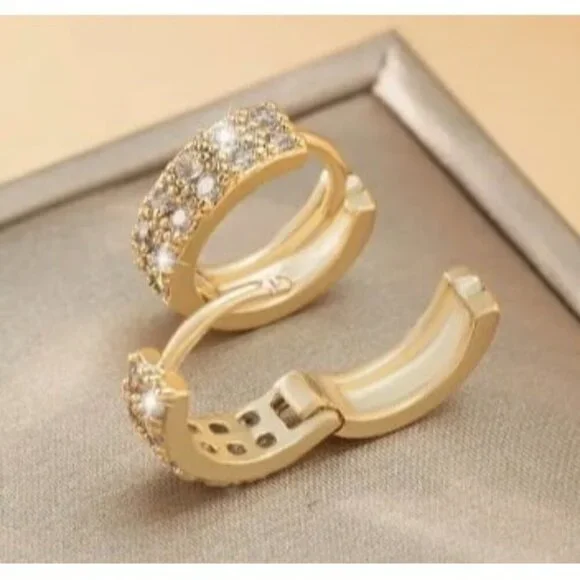 14k Gold Plated Simulated Diamond Huggie Hoop Earrings - Picture 5 of 6